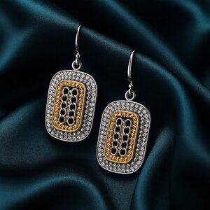 Dual-Tone Gold & Silver Rectangle Dangle Earrings – Black Lattice Pave Design